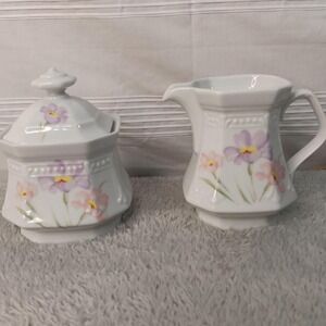 Vintage Mitterteich Floral Creamer and Sugar Dish Bowl with Lid White Purple